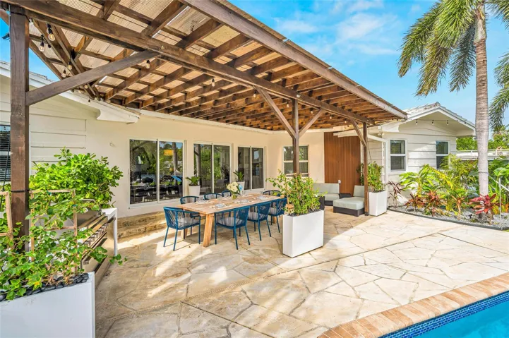 15x30 covered patio space, Natural gas Grill space with prep area on each side, Electric outlets and lighting.