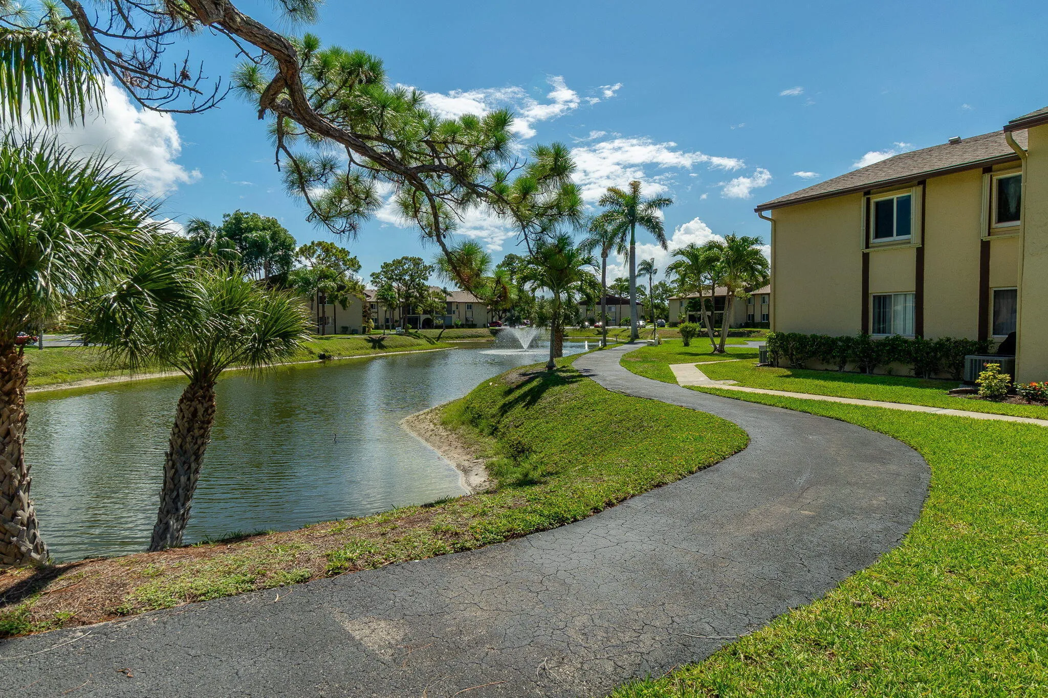 Paved pathway meandering alongside a tranquil pond with a decorative fountain