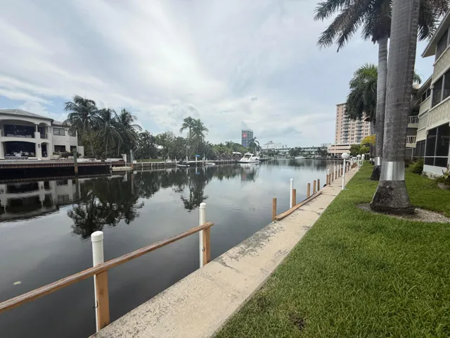 Waterfront property featuring a private concrete dock, mature palm trees, and a grassy expanse