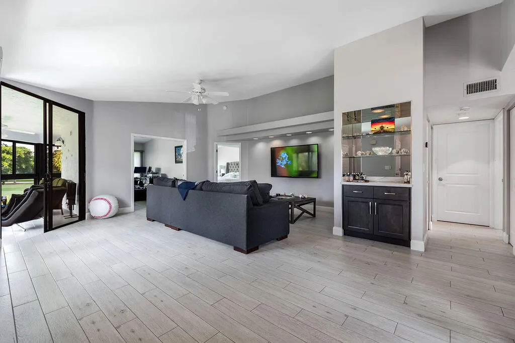 living room and bar area