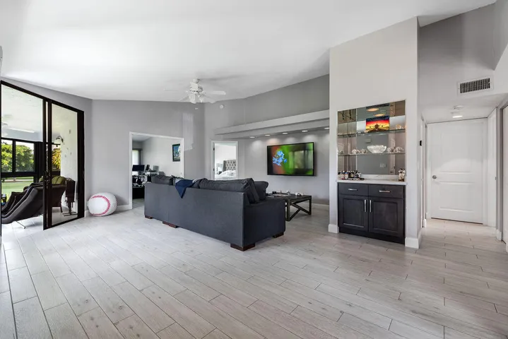 living room and bar area