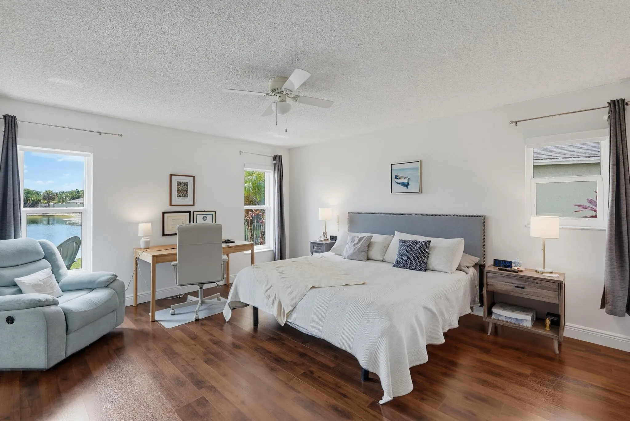 The master bedroom has a wonderful lake view