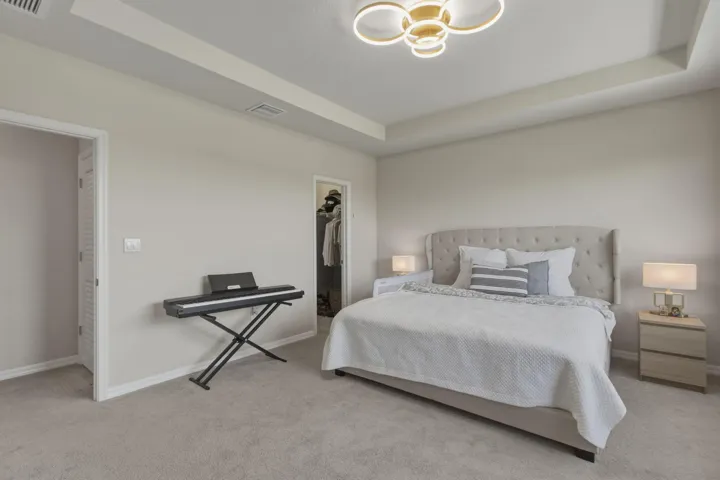 Neutral-toned bedroom featuring a tray ceiling with a contemporary flush-mount fixture, light gray carpeting, and a built-in closet with bi-fold doors