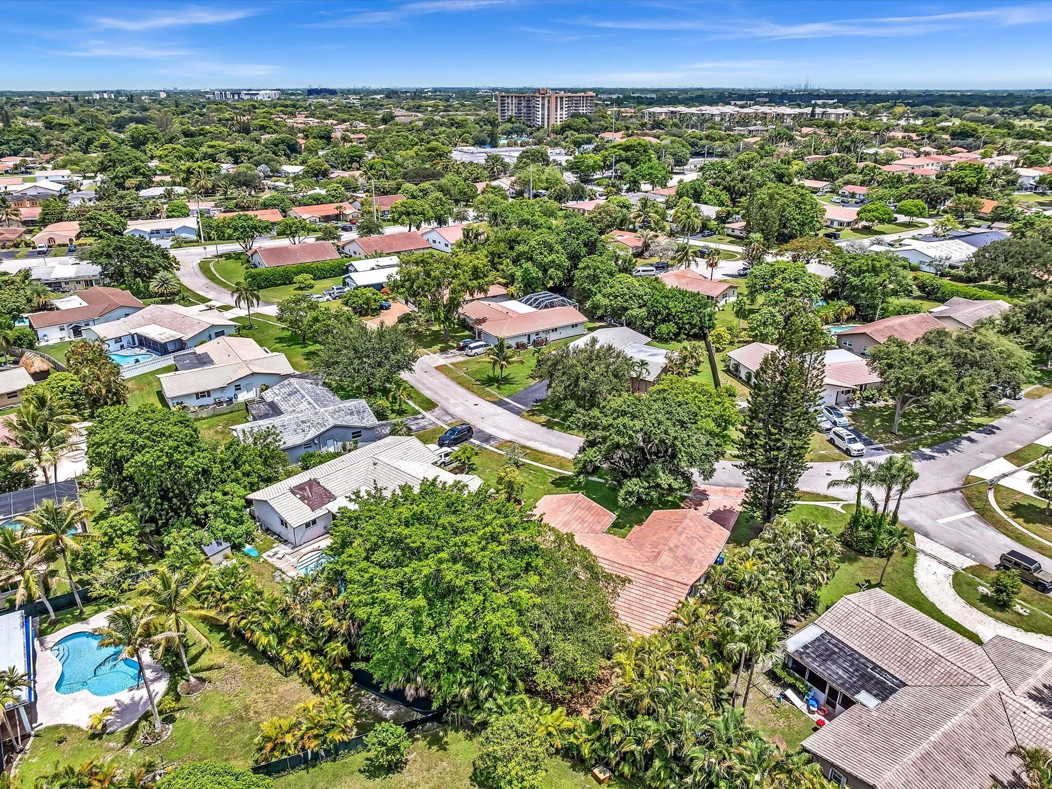 Aerial perspective showcasing a residential neighborhood with a dense tree canopy