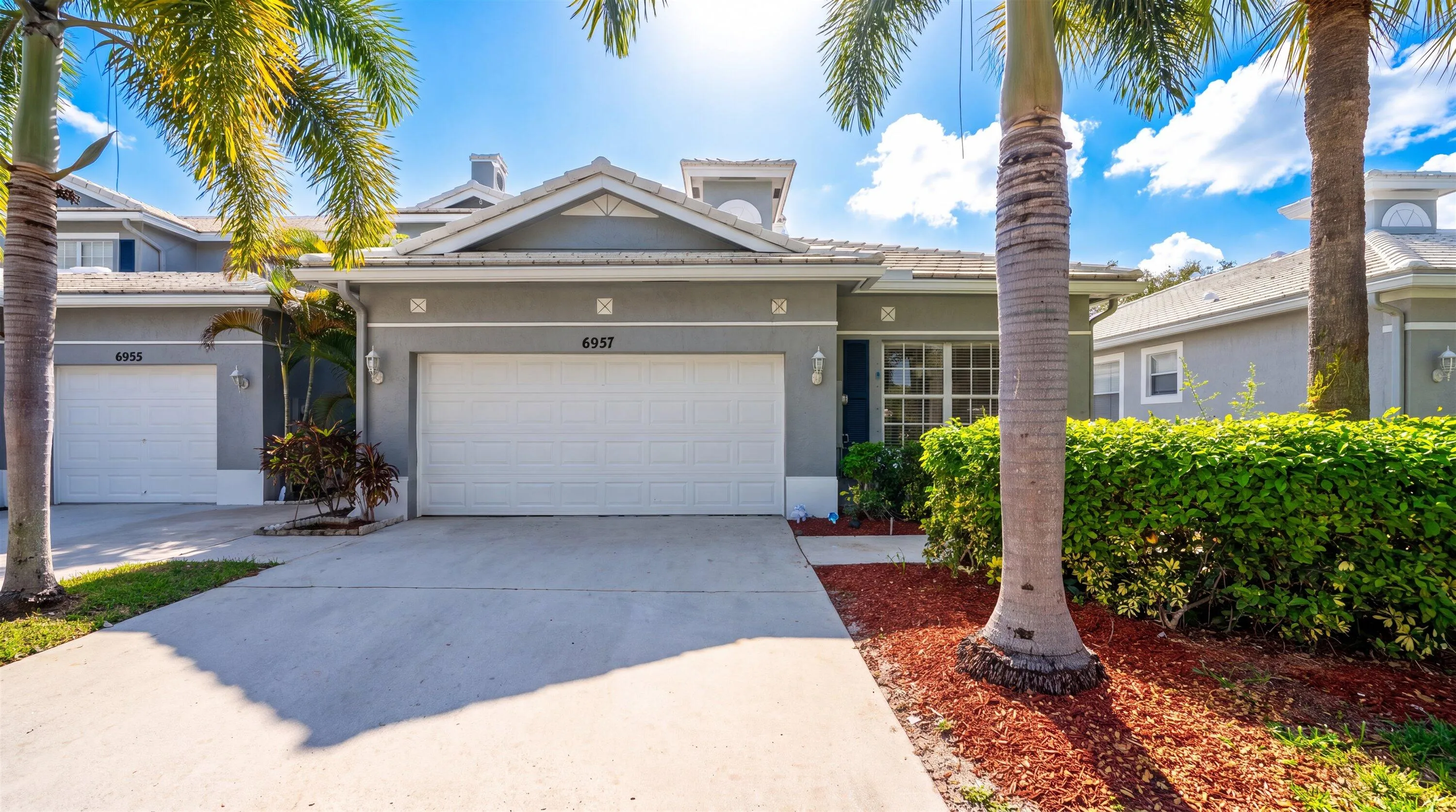 Grey stucco exterior featuring a white garage door, concrete driveway, and mature palm trees