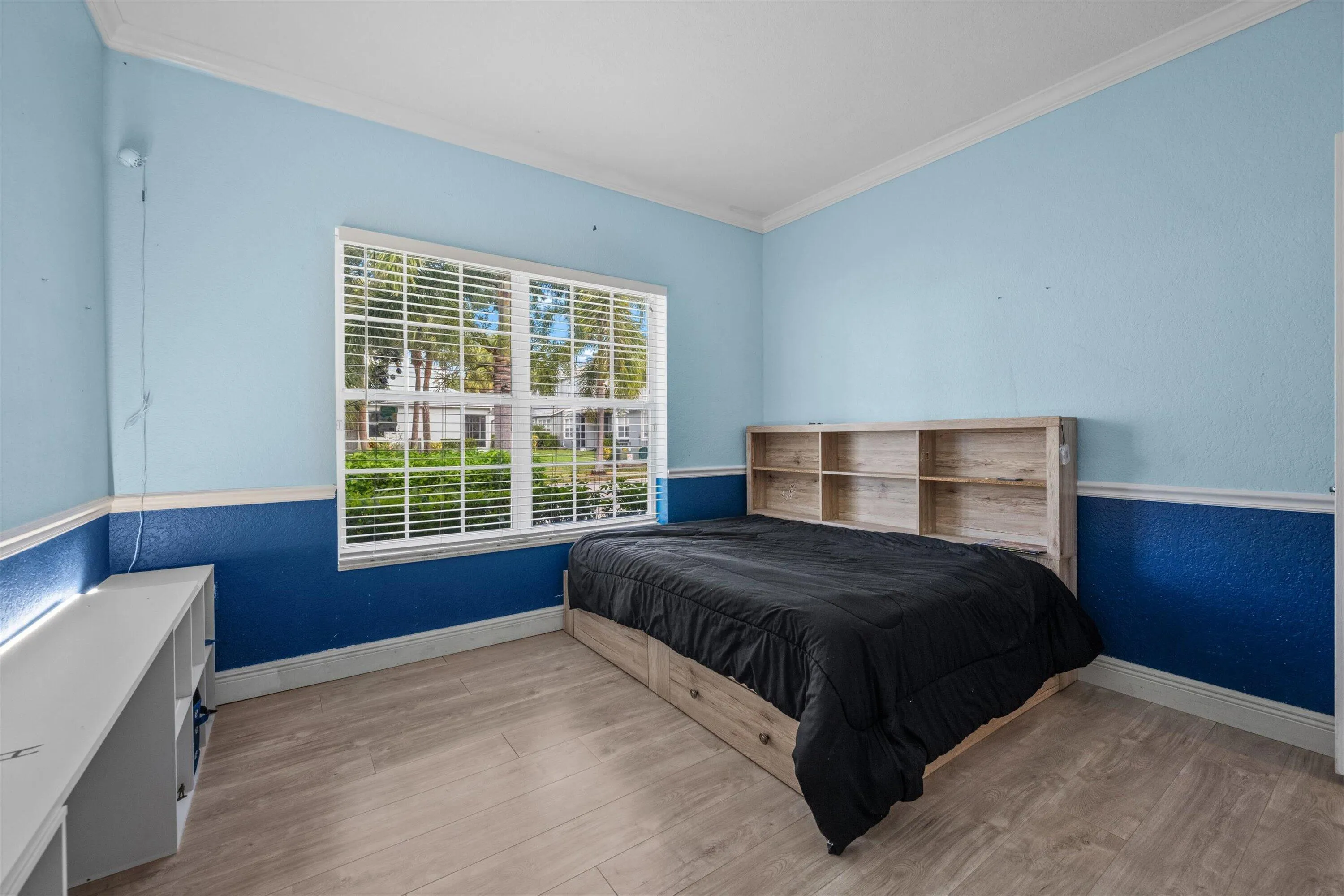 Room featuring wood-finish flooring, a large window with blinds, and two-tone wall treatment with crown molding