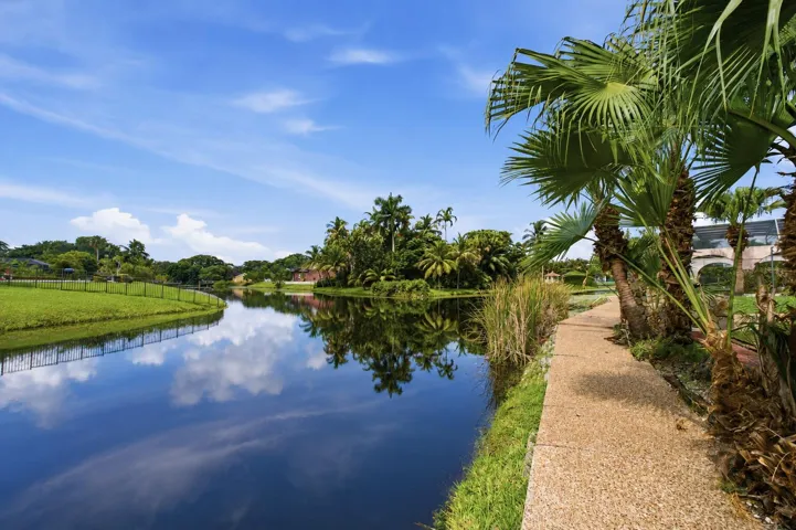 Waterfront property featuring a paved walkway, mature palm trees, manicured lawns, and lush landscaping