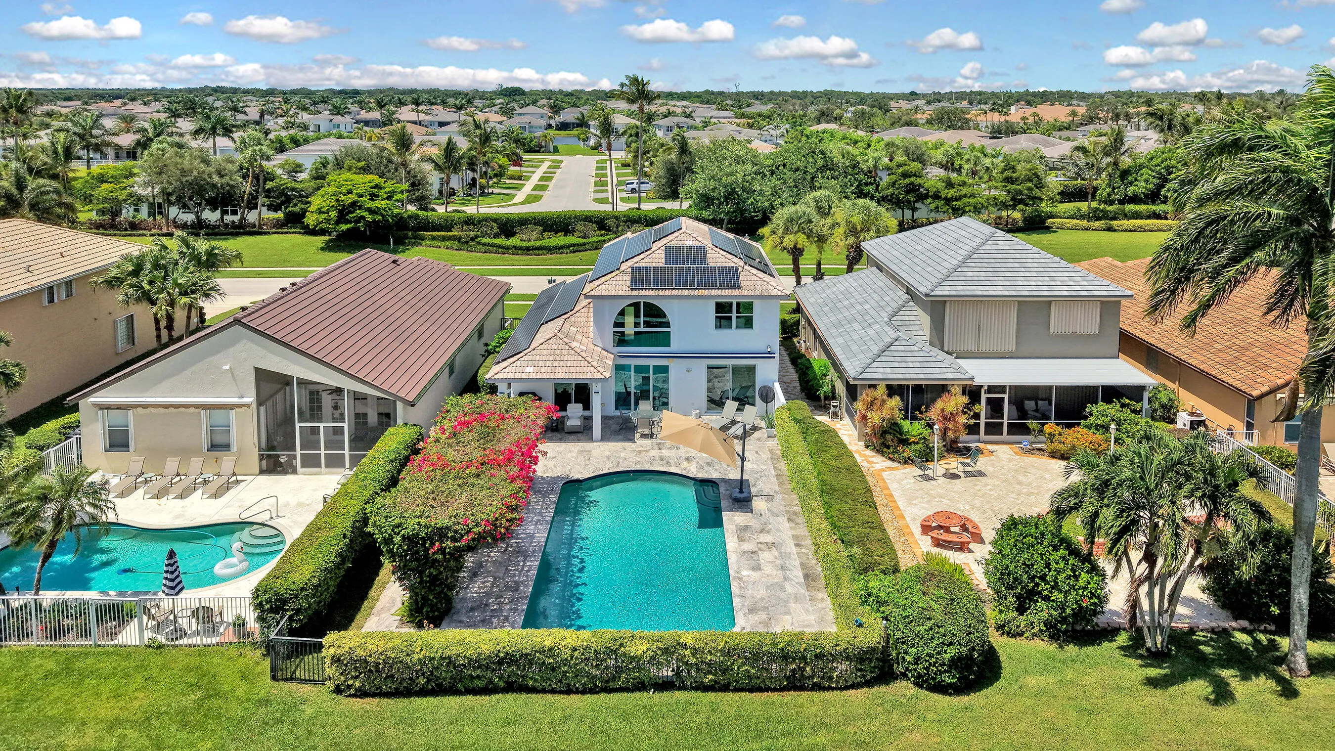 Aerial view of the fully hedged backyard oasis with pool, pergola, sun deck, and mature palms.