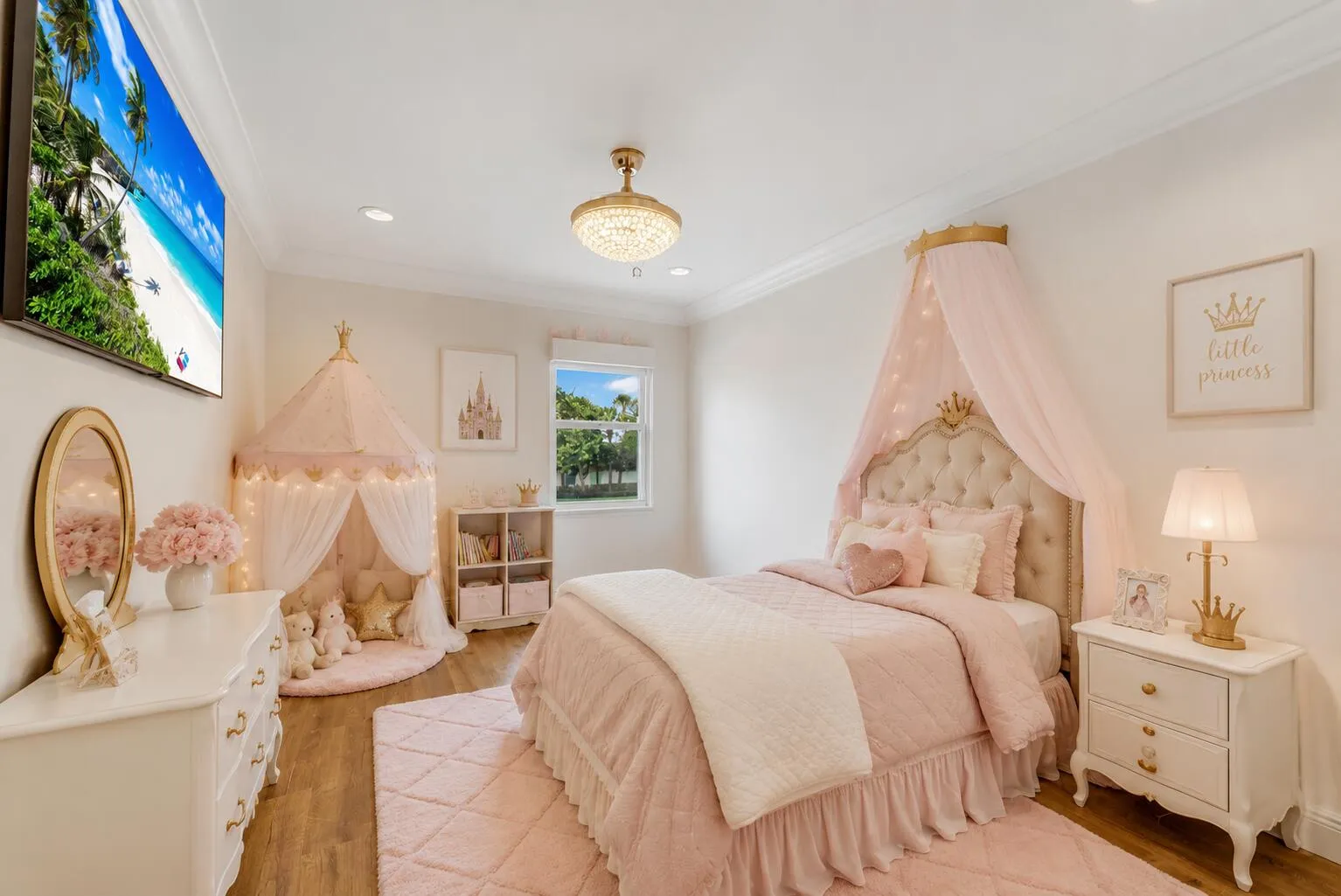 Currently the Gym. AI Rendering of Bedroom 3 as a childs room with pink theme.