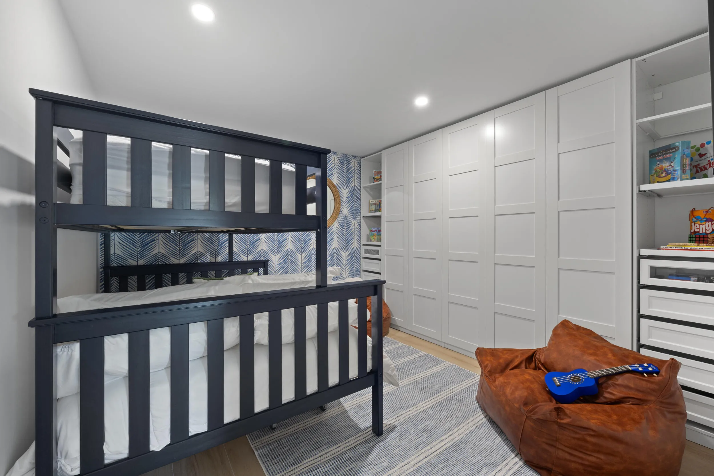 Bunk beds. Custom closet. Large smart TV. Games. Air purifier.