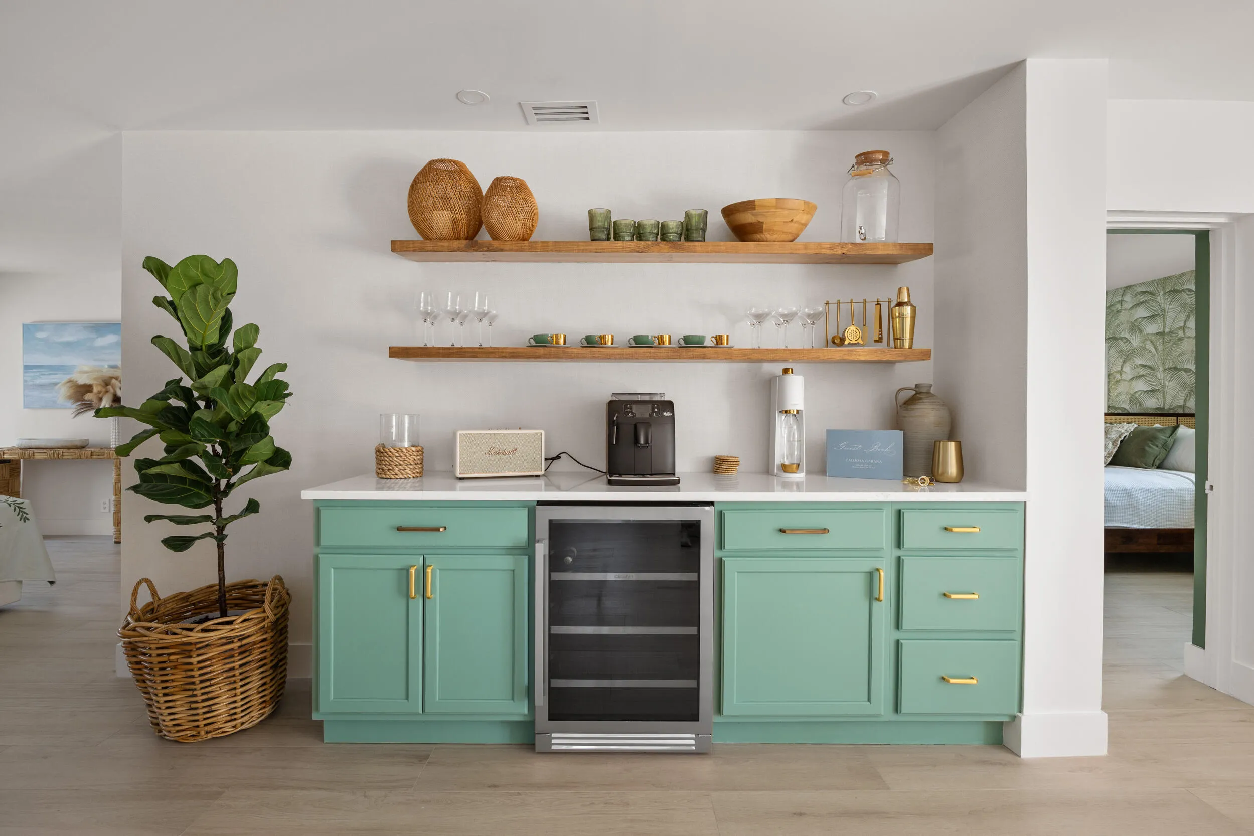 Espresso machine, beverage fridge, storage.