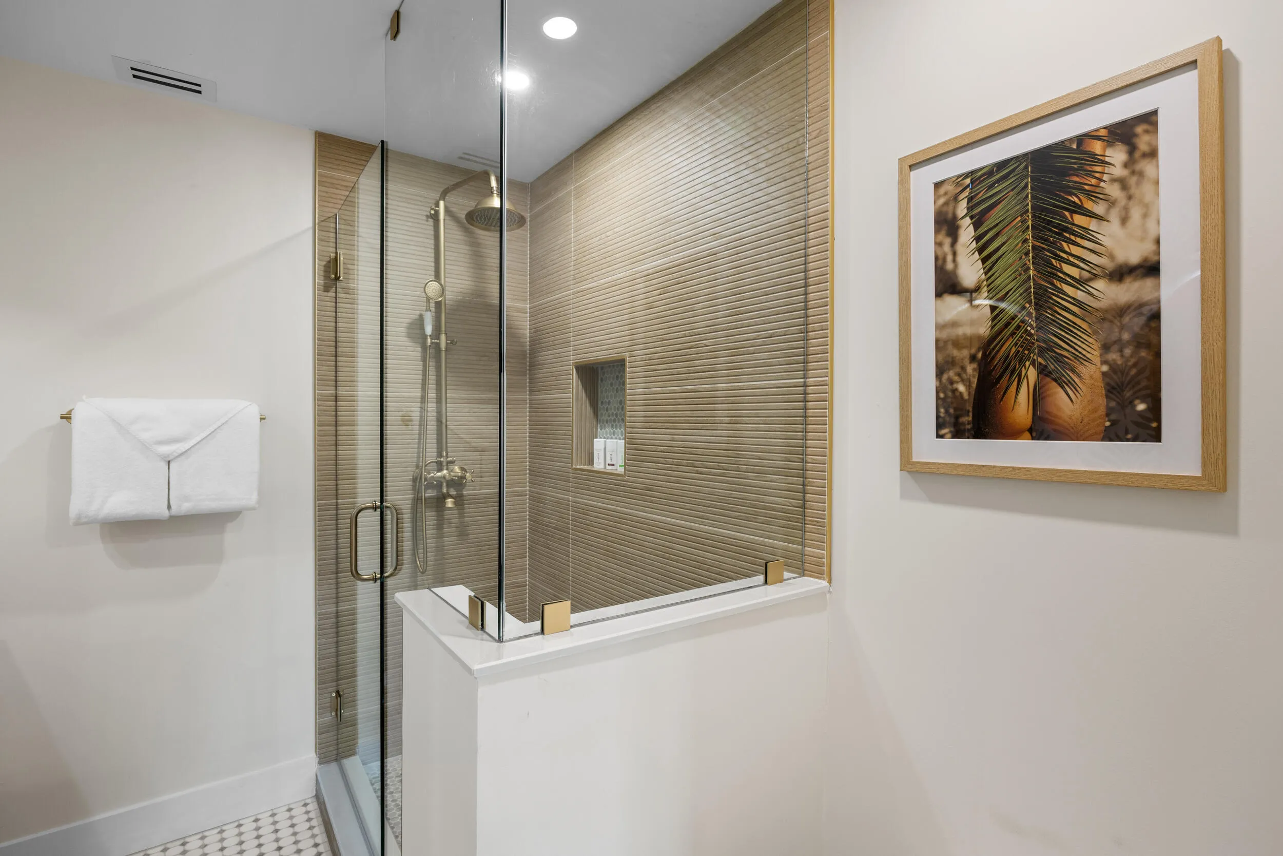 Stand up shower with bench.