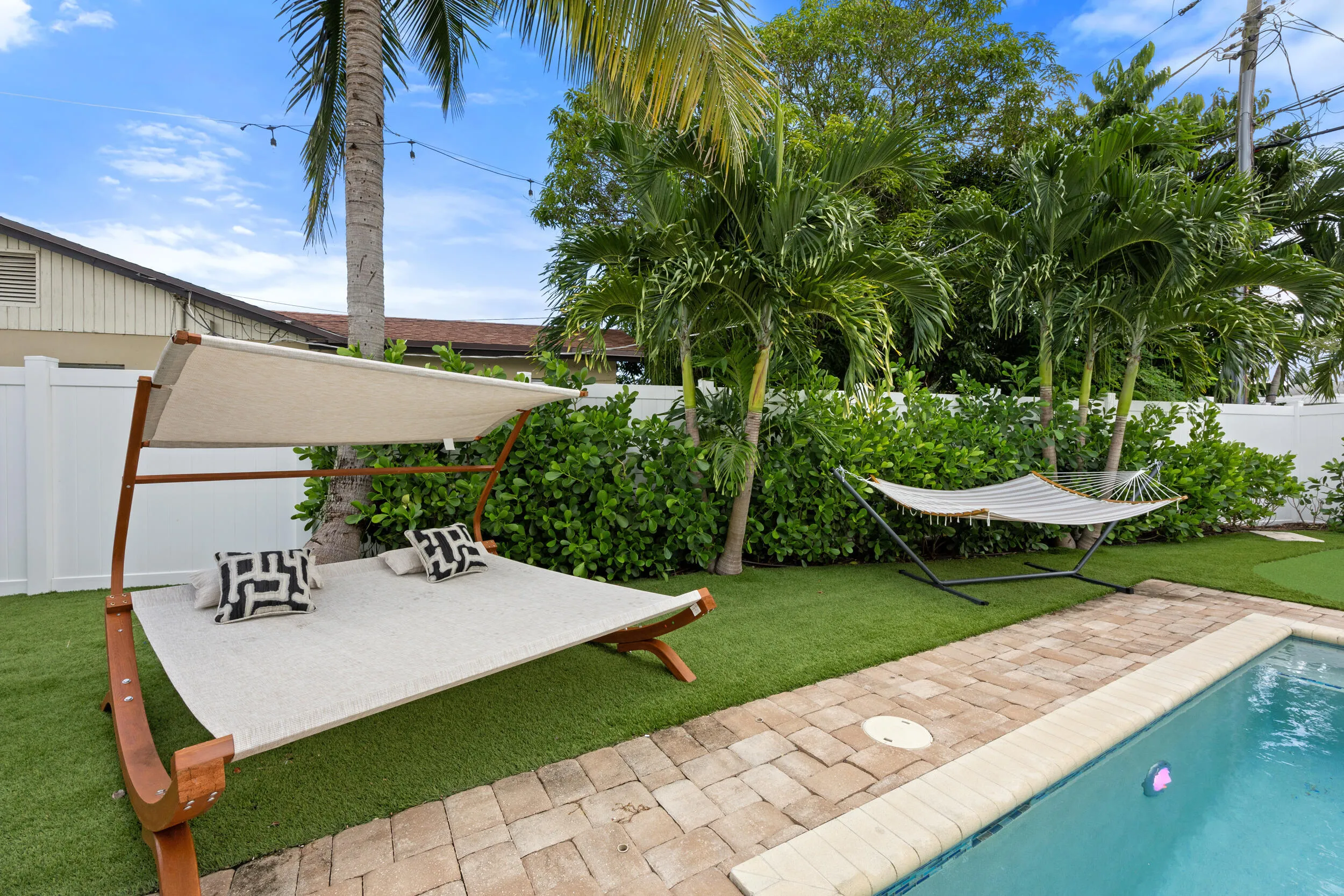 Poolside day bed and hammock.