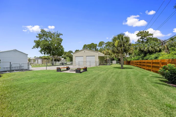 Expansive green lawn with established palm trees, wood privacy fence, and chain-link fence for pets.