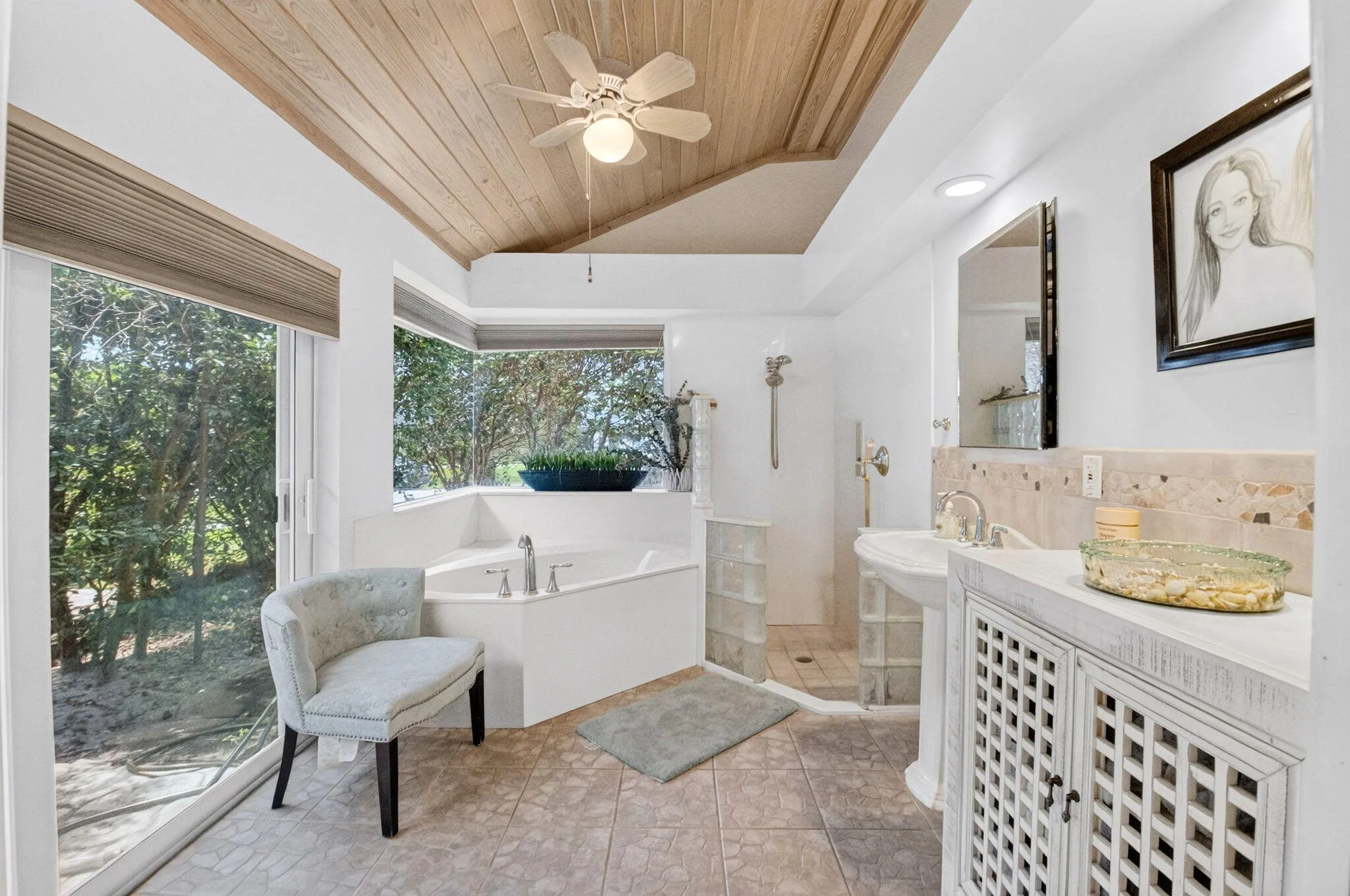 Primary Master Bath | Roman Tub & Vaulted Wood Ceiling