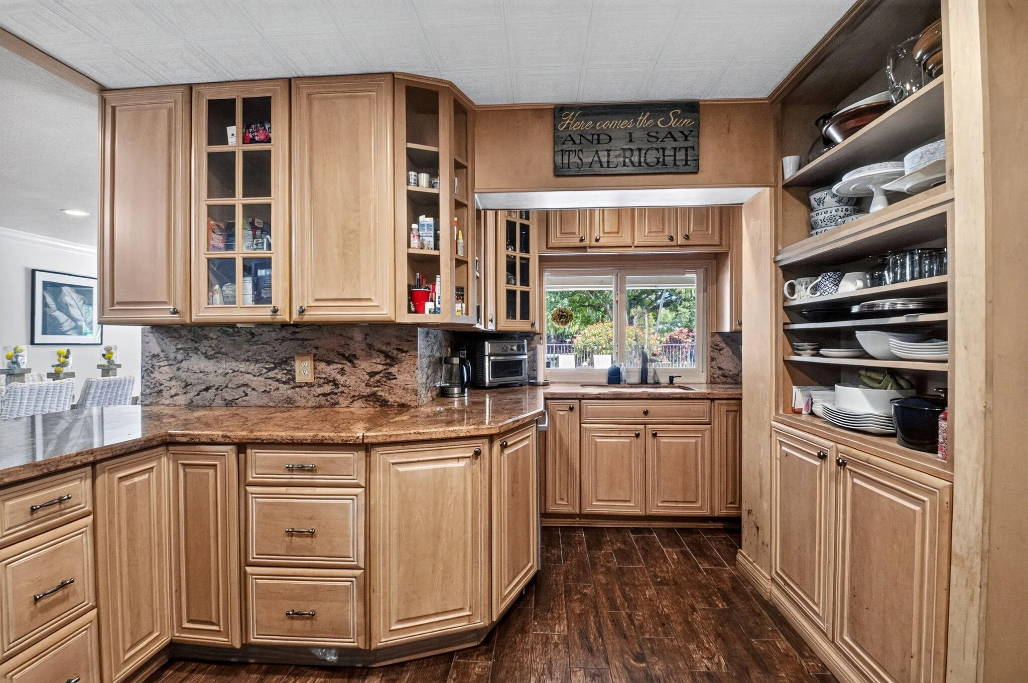 Corner Sink, Granite Backsplash & Open Shelving