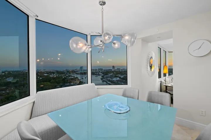 Panoramic corner windows frame city and water views at sunset