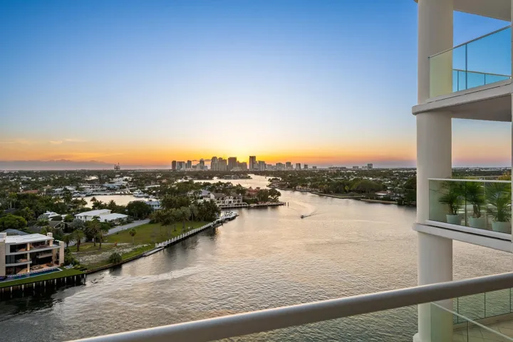 Expansive waterway frontage with a cityscape backdrop at sunset.