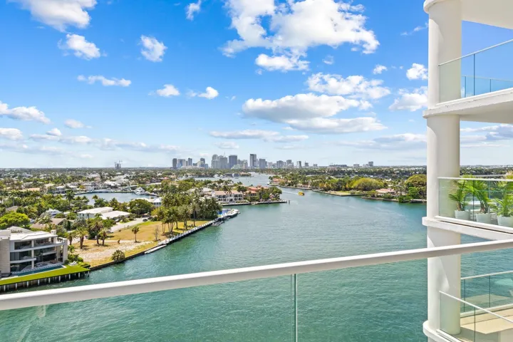 Expansive water frontage with a vibrant cityscape backdrop