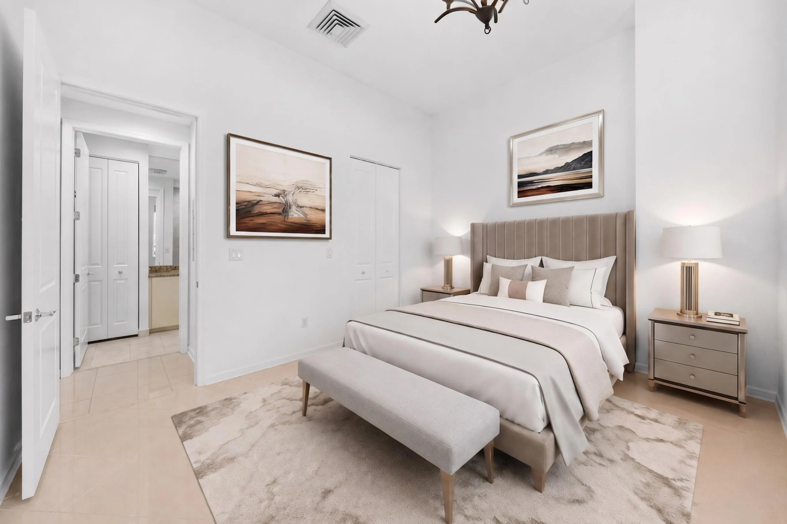 Alternate view of the generously sized bedroom showing ample space, a flexible layout & convenient access to the bath.