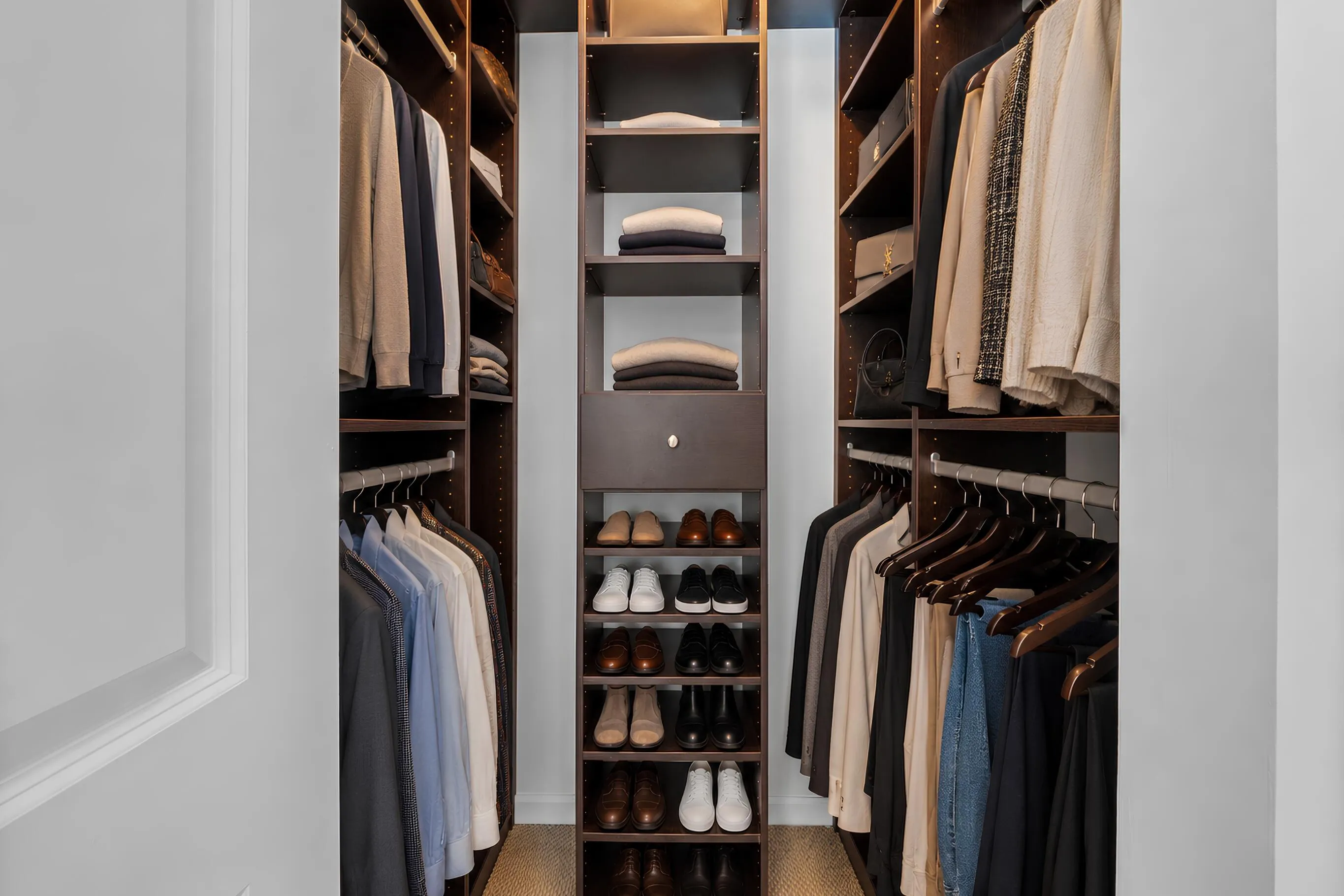 Walk-in closet with custom built-in shelving, drawers, hanging space & dedicated shoe storage for organized everyday living.