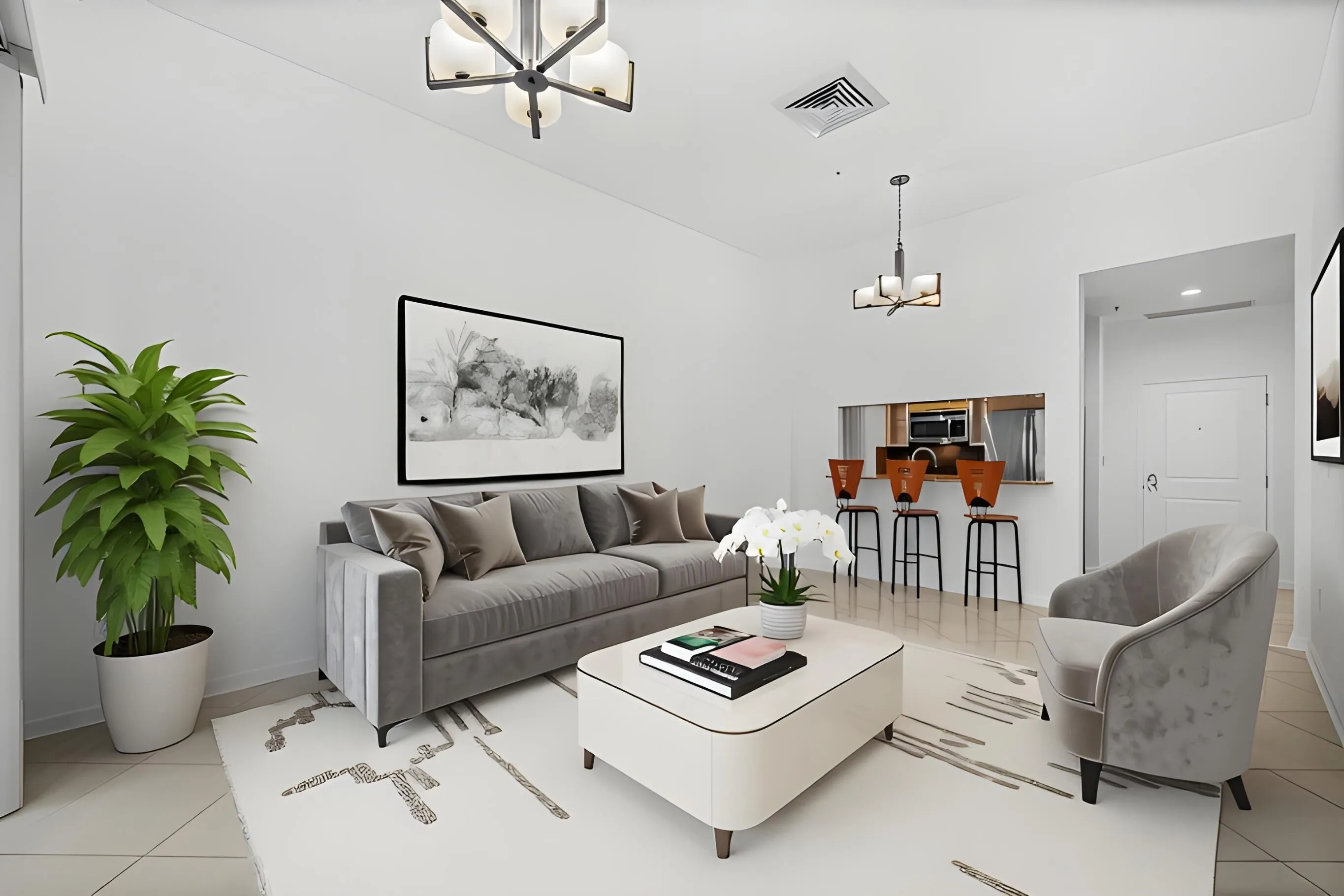 Alternate view showcasing the spacious proportions, contemporary lighting & open connection between the living area, dining space & kitchen.