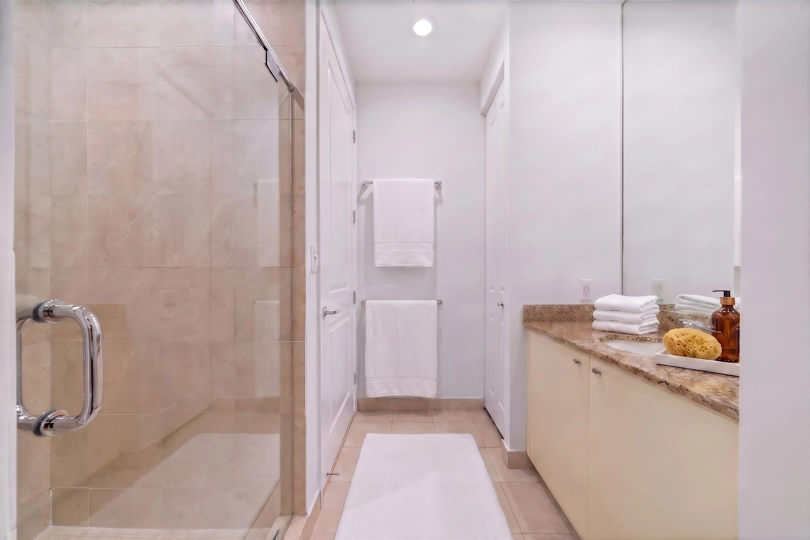 Alternate bathroom view showcasing the granite vanity, mirrored wall, glass-enclosed shower & built-in linen storage.