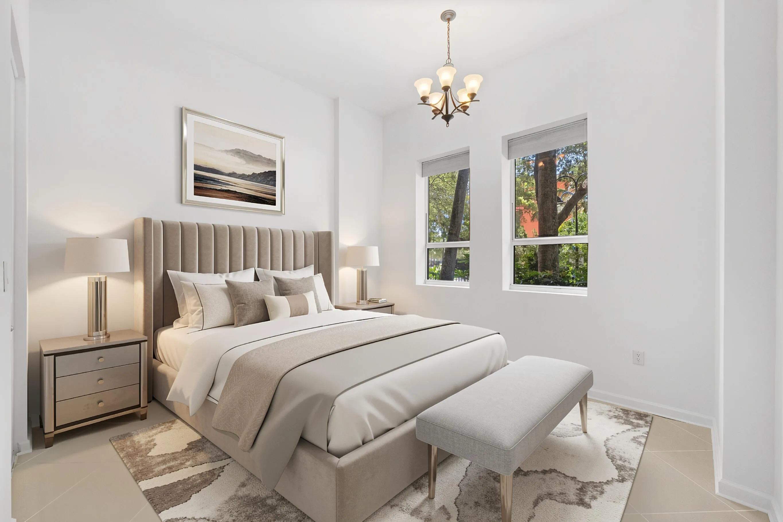 Bedroom with soaring ceilings, tile flooring throughout & dual windows overlooking the landscaped grounds.