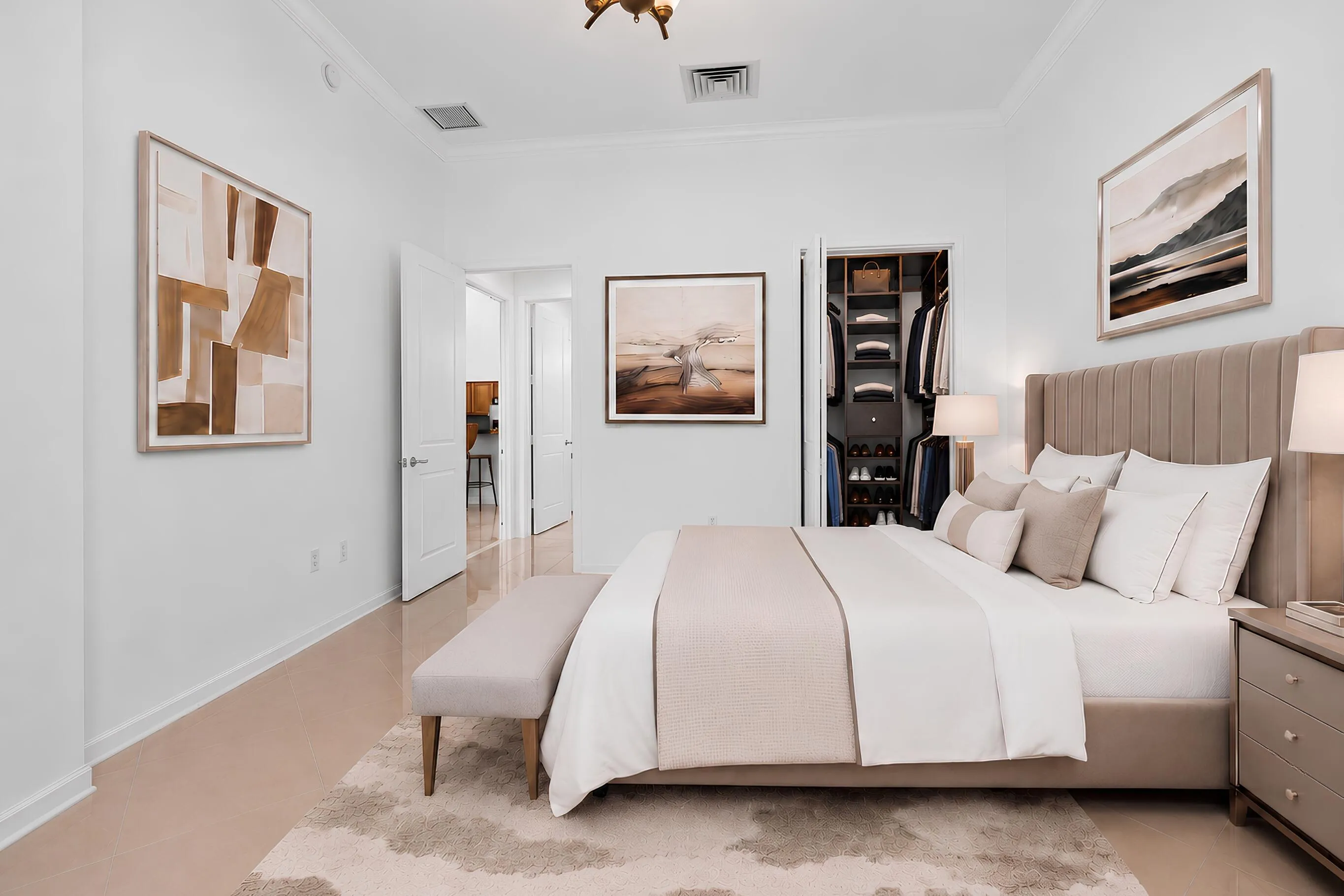Bedroom highlighting the spacious layout & direct access to the custom-fitted walk-in closet.