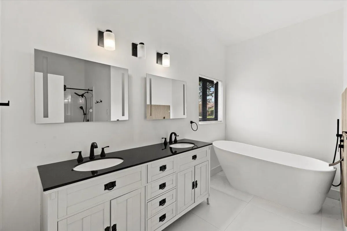 Touch-activated LED bathroom mirror lighting. In Master bathroom.