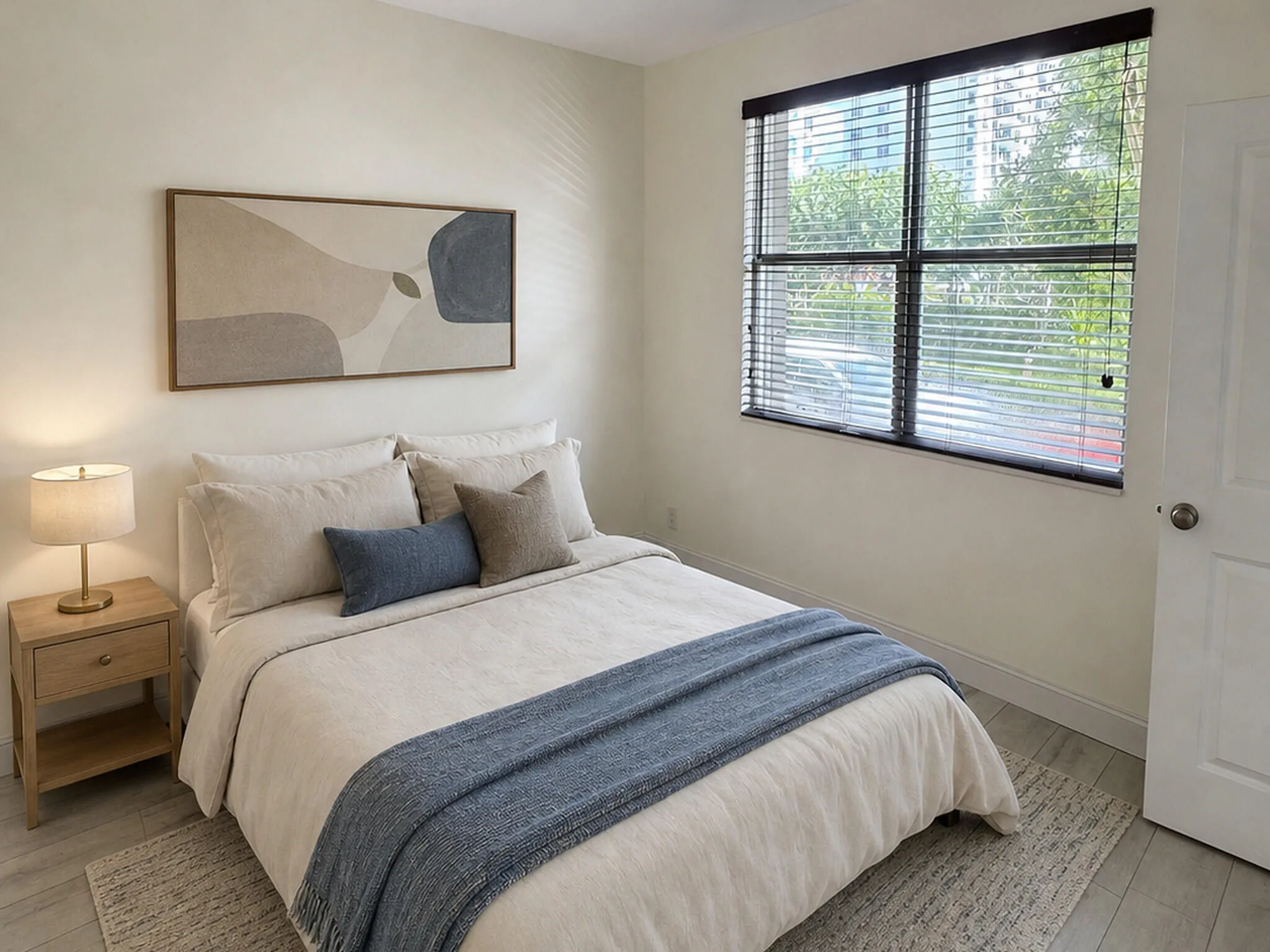 Bedroom featuring light-colored walls, wood-finish flooring, and a window with horizontal blinds