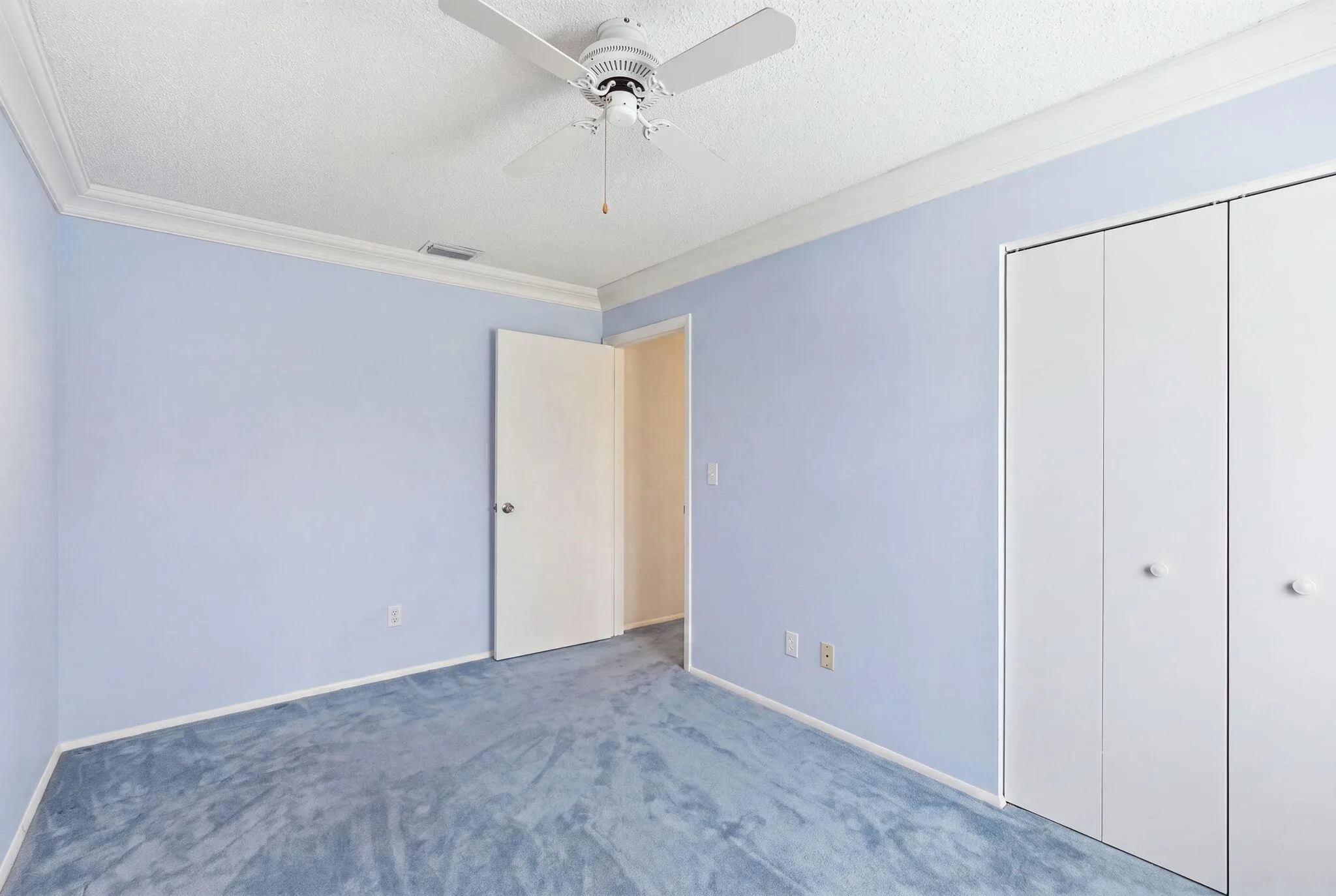 Interior room featuring light blue walls and blue carpet flooring