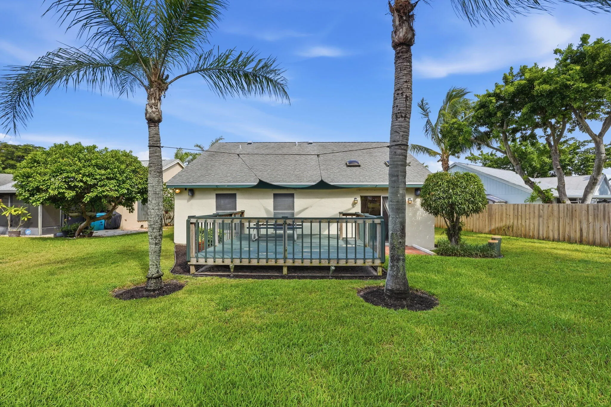 Expansive backyard featuring a wood deck with railings, mature palm trees, a well-kept lawn, and a privacy fence