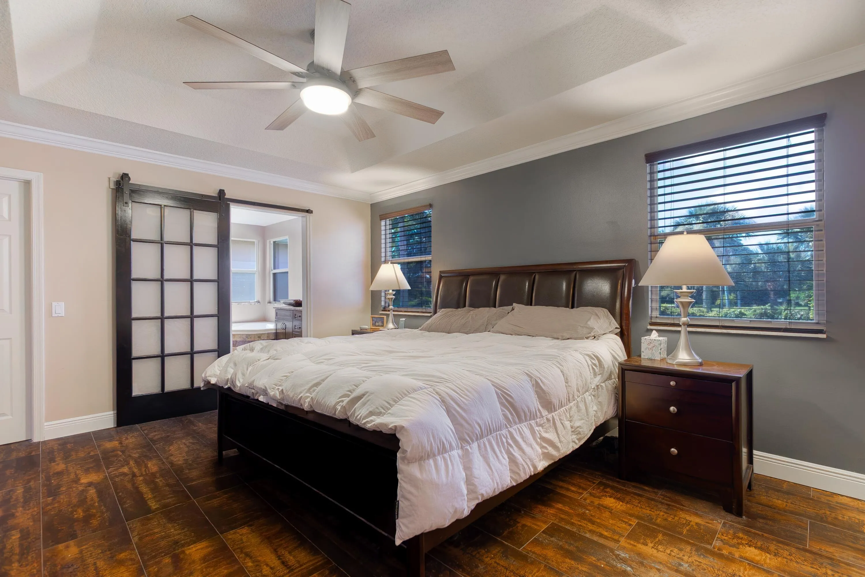 Master Suite with tray ceiling and barn door to master bathroom