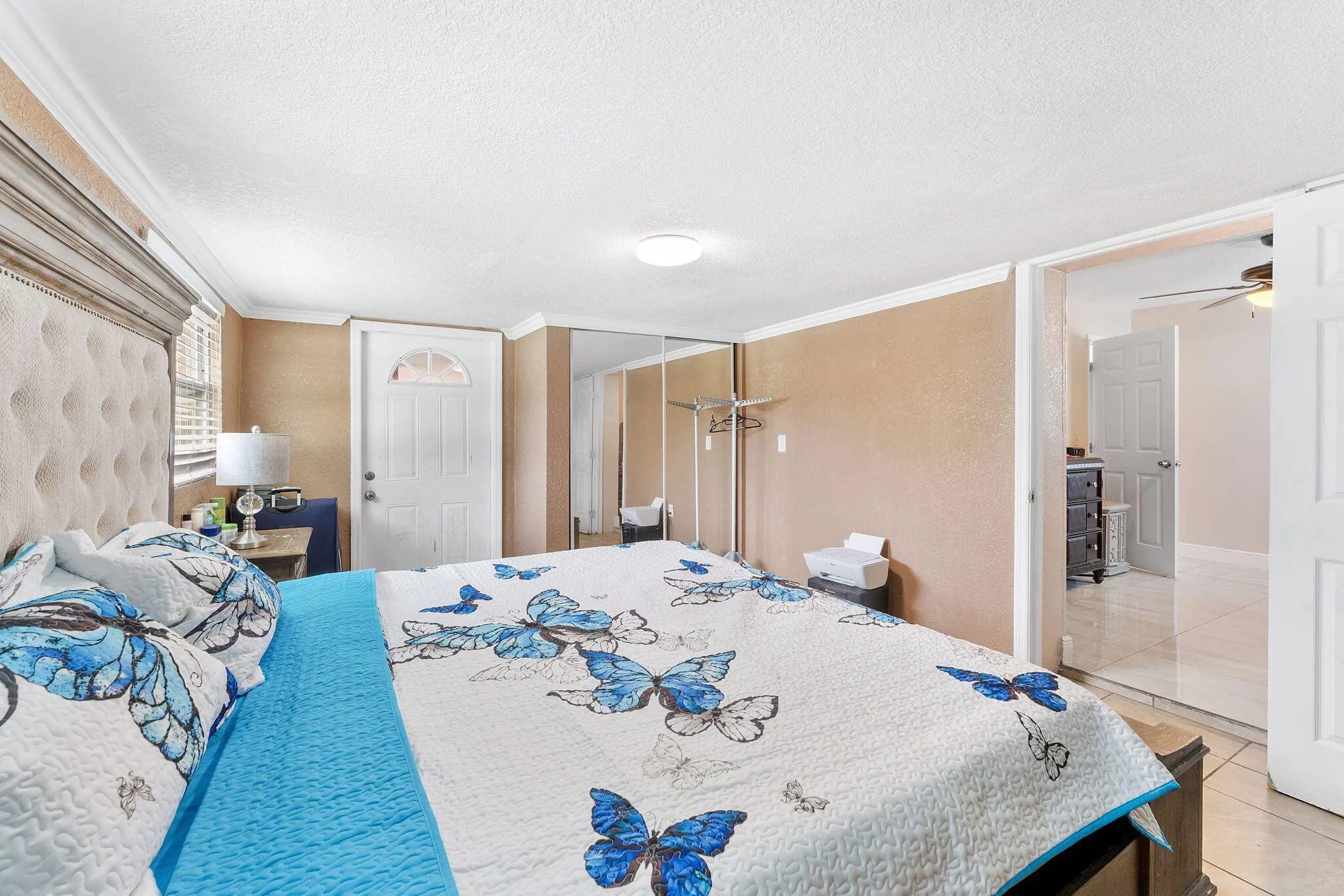 Recessed lighting and ceiling fan overhead