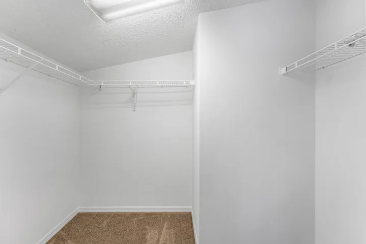 Walk-in closet featuring white wire shelving, white walls, and carpeting