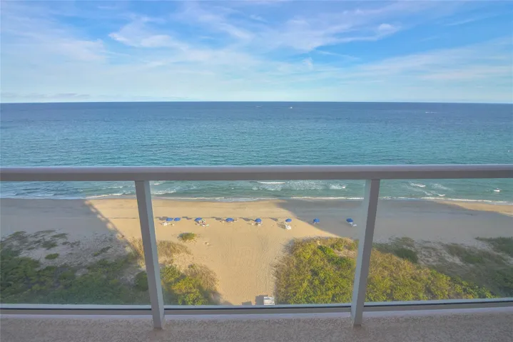 Oceanfront balcony featuring a glass railing, expansive ocean, and sandy beach with natural vegetation