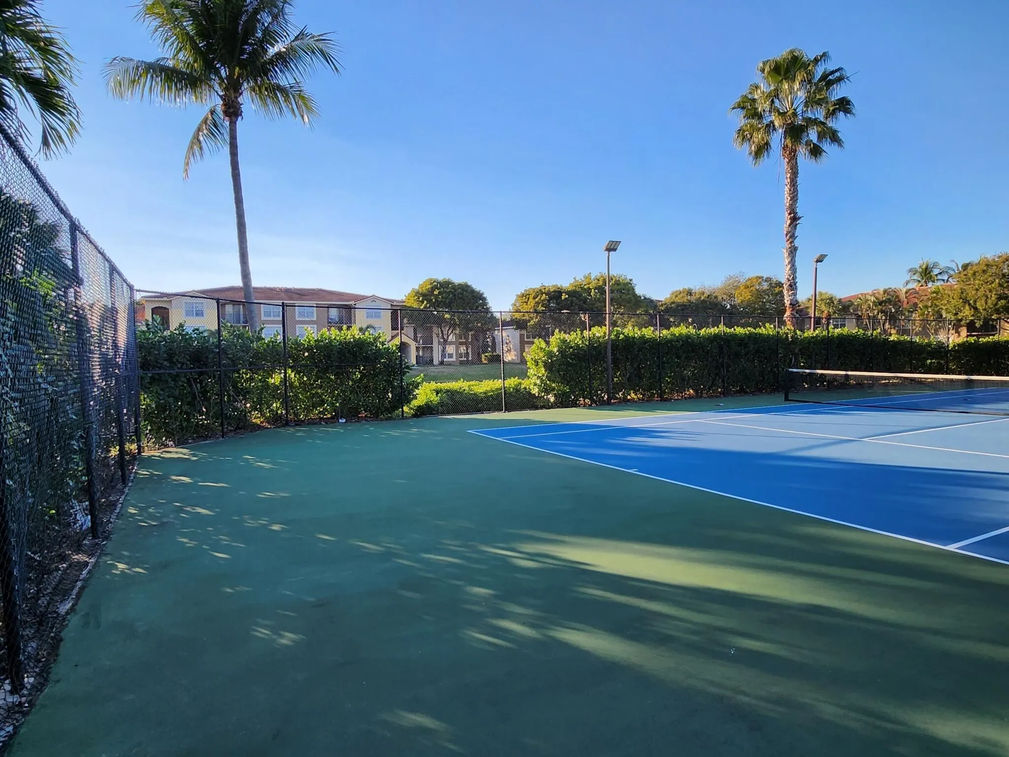 Tennis court with a blue playing surface and green surrounds