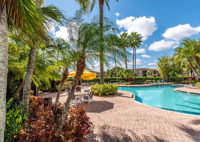 Resort-style pool area featuring a freeform swimming pool, extensive paver deck, and lush tropical landscaping