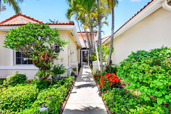 Entryway featuring a walkway bordered by lush landscaping and mature palm trees