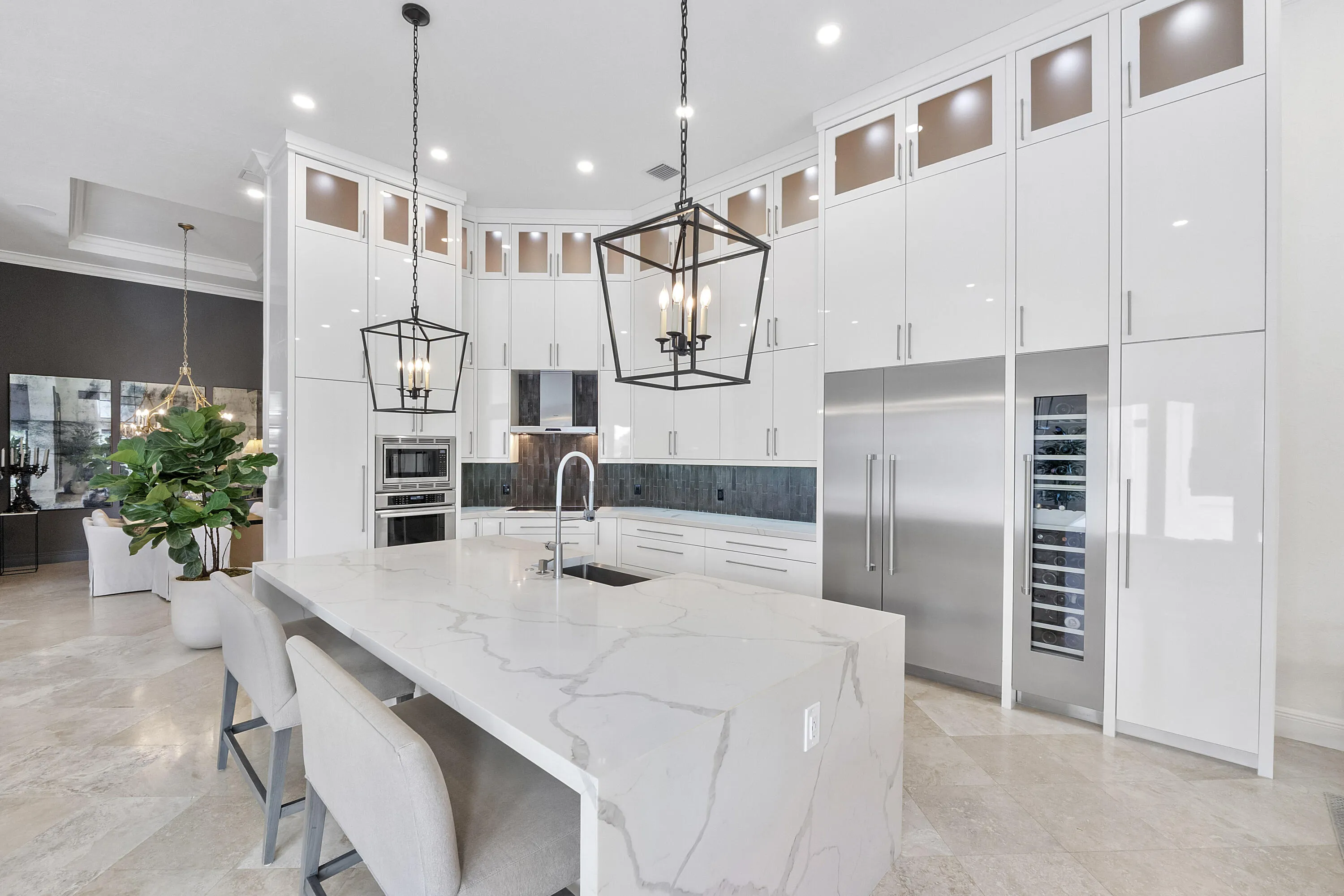 Quartz waterfall kitchen island