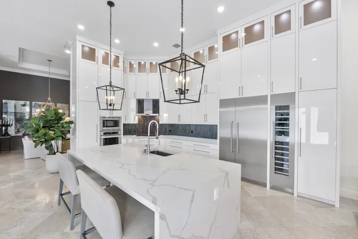 Quartz waterfall kitchen island