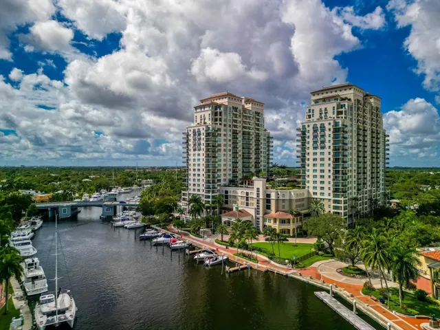 Aerial view of The Symphony’s towers, ideally positioned along the New River & Riverwalk near Las Olas Boulevard.