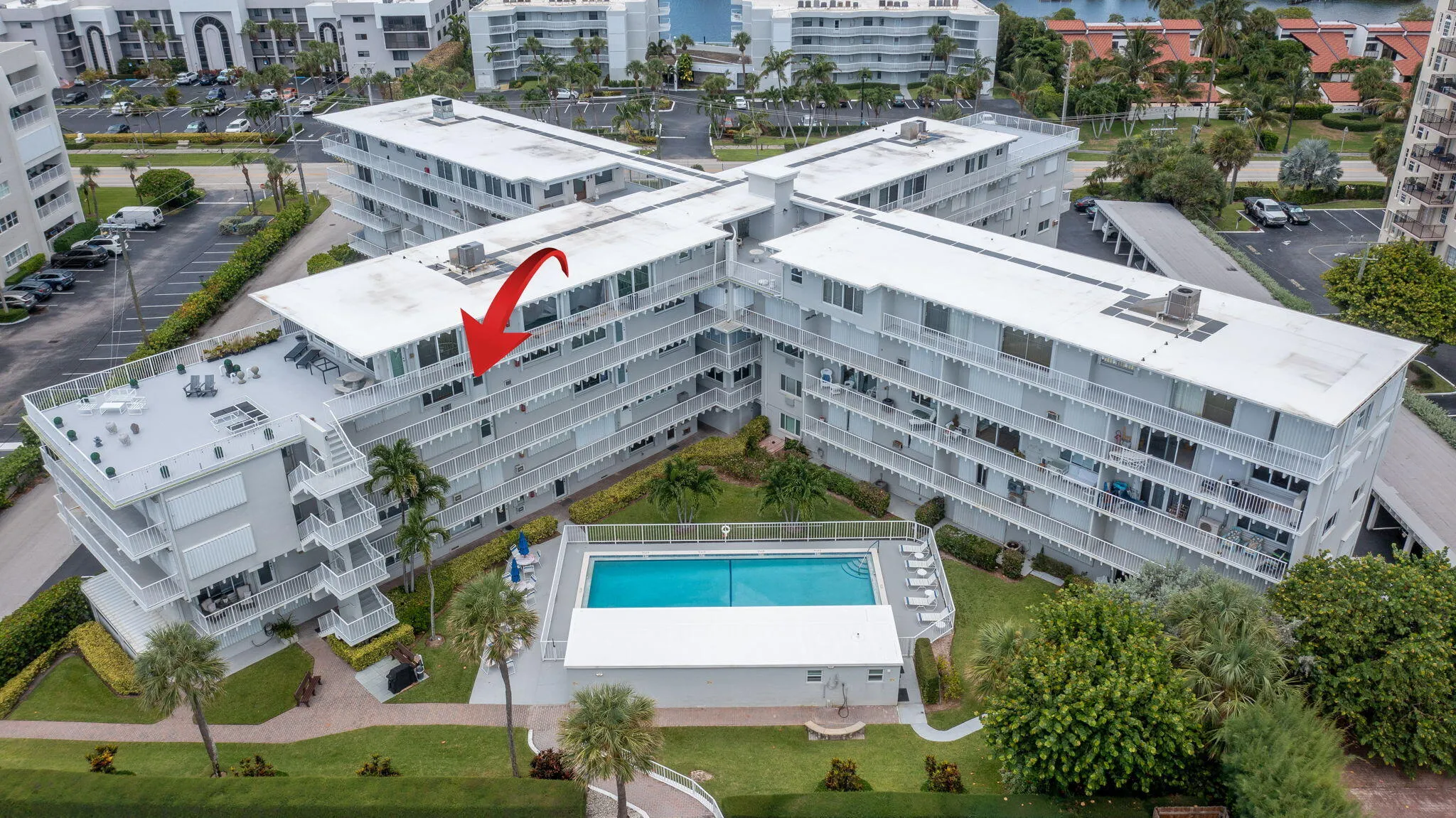Front of unit facing east and overlook the pool