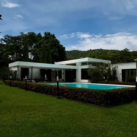 Modern white-rendered residence featuring a rectangular swimming pool with surrounding hedges and a manicured lawn