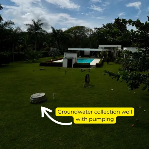 Irrigation water for gardens and underground catchment well with pumping.