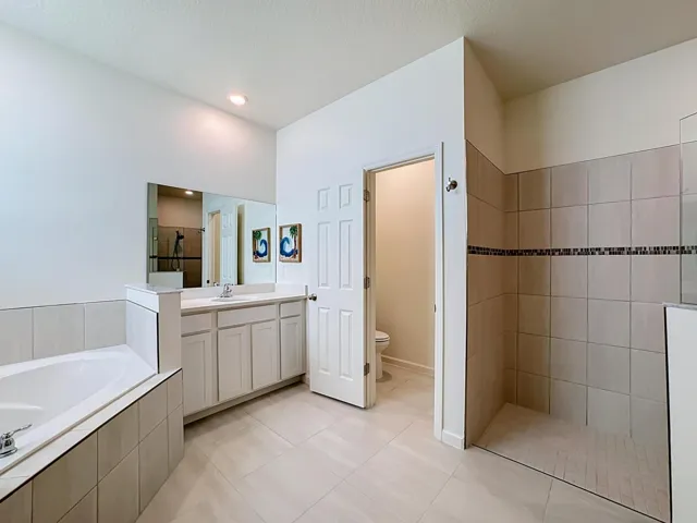 separate stand up shower, tub and toilet plus dual vanities
