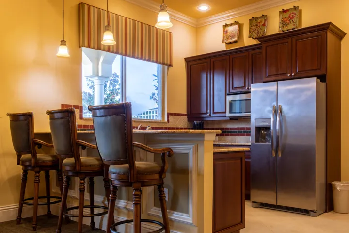 Kitchenette featuring dark wood-finish cabinetry, stainless steel appliances, a bar-height counter with seating, recessed lighting, and pendant lighting fixtures