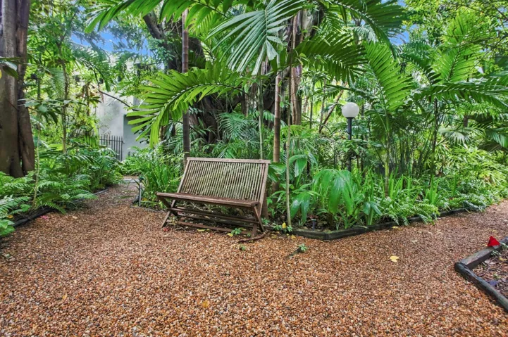 Gravel pathway winding through lush, tropical landscaping
