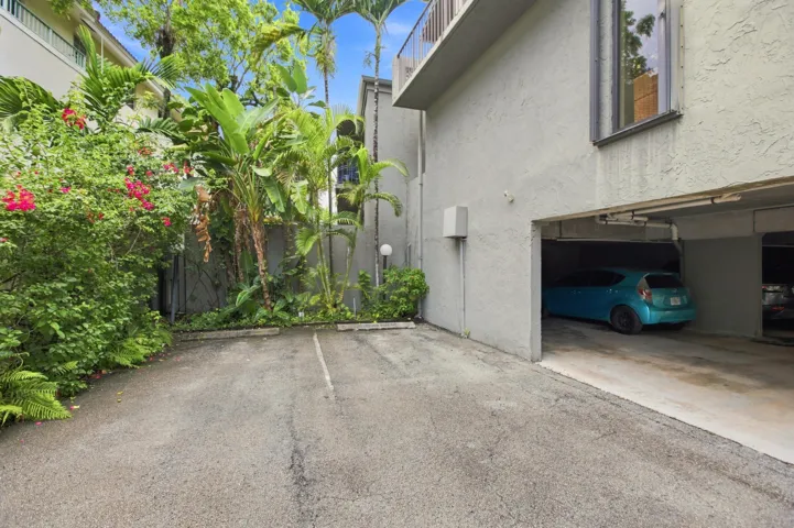 Asphalt parking area with painted lines, bordered by lush tropical landscaping and a concrete wall